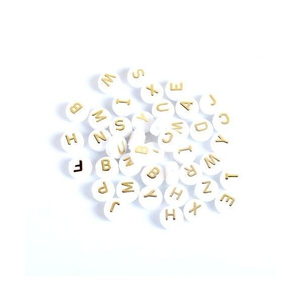 PS110106135 PAX 50 Perles intercalaire passants  Rond Plat 10mm Blanc et Doré Alphabet Acrylique