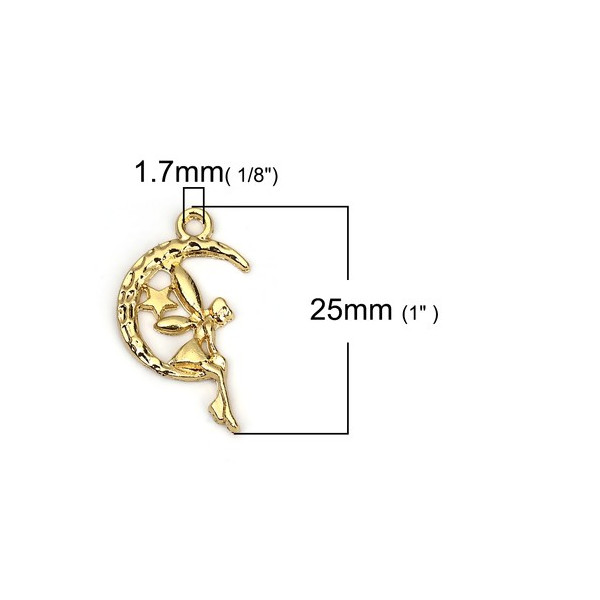 PS110107462 – Lot de 5 ou 10 Pendentifs Fées sur Lune 25mm – Métal Doré