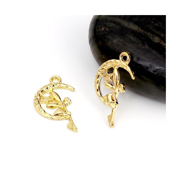 PS110107462 – Lot de 5 ou 10 Pendentifs Fées sur Lune 25mm – Métal Doré