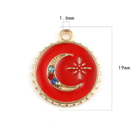 PS11682219 PAX 5 Pendentifs émaillés Rouge Cercle et Lune avec strass multicolores 16mm 