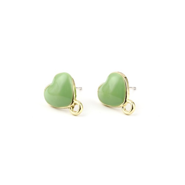 Boucles d’oreilles Puce Cœur Émaillées Vert Pastel – Métal Doré