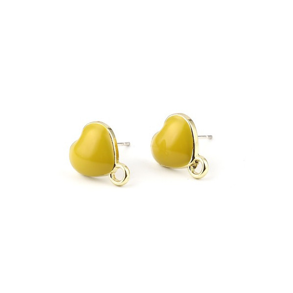Boucles d’oreille Clou Cœur Émaillé Jaune avec Attache – Métal Doré (avec poussoirs plastiques)