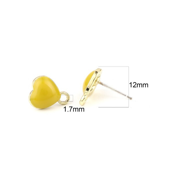 Boucles d’oreille Clou Cœur Émaillé Jaune avec Attache – Métal Doré (avec poussoirs plastiques)