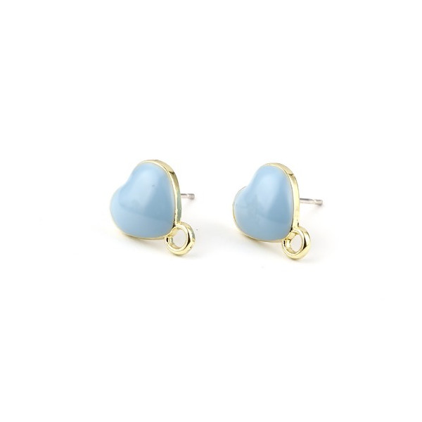 Boucles d’oreille Clou Cœur Émaillé Bleu Pastel avec Attache – Métal Doré (avec poussoirs plastiques)