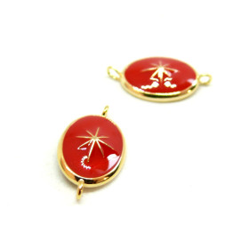 AE003 PAX 1 connecteur émaillé Ovale Etoile 10 par 17mm cuivre doré emaillé Rouge