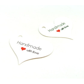 HP1B03A PAX 25 Etiquettes, Carte Cadeau, carte de présentation Hand made with Love forme Coeur  couleur Blanc