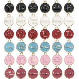 S11702273 PAX 12 pendentifs médaillon Signe du Zodiaque, Horoscope 12mm Biface Emaille Blanc métal coloris Doré