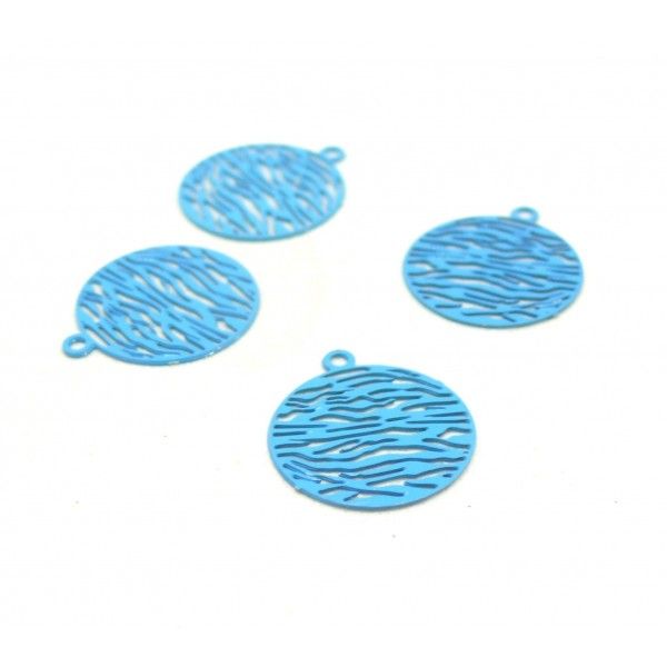 AE114084 Lot de 10 Estampes pendentif connecteur filigrane Cercle Zebre 13mm coloris Bleu Turquoise