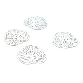 AE1111507 Lot de 4 Estampes pendentif connecteur filigrane Feuille Monstera 18mm coloris Blanc