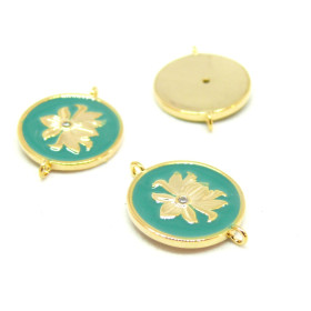AE006 PAX 1 connecteur émaillé medaillon Fleur 14 par 18mm cuivre doré emaillé Bleu Vert