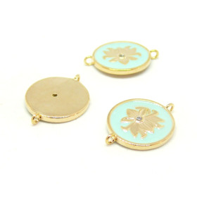 AE006 PAX 1 connecteur émaillé medaillon Fleur 14 par 18mm cuivre doré emaillé Bleu Clair
