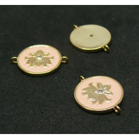 AE006 PAX 1 connecteur émaillé medaillon Fleur 14 par 18mm cuivre doré emaillé Rose