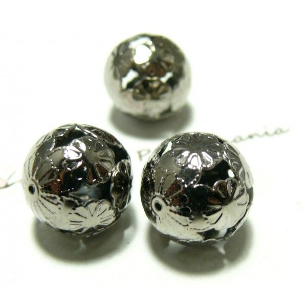 4 pieces perles ref P59Y 20mm argent noir fleurs 