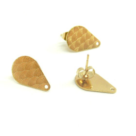 Boucles d'oreille puce, forme Goutte travaillées, Acier Inoxydable finition Doré, vendus avec embouts poussoirs