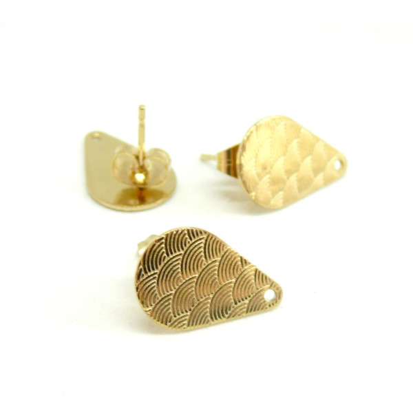 Boucles d'oreille puce, forme Goutte travaillées, Acier Inoxydable finition Doré, vendus avec embouts poussoirs