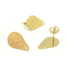 Boucles d'oreille puce, forme Goutte travaillées, Acier Inoxydable finition Doré, vendus avec embouts poussoirs