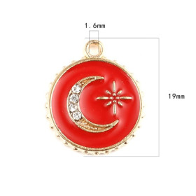 PS11682220 PAX 5 Pendentifs émaillés Rouge Cercle et Lune avec strass 16mm
