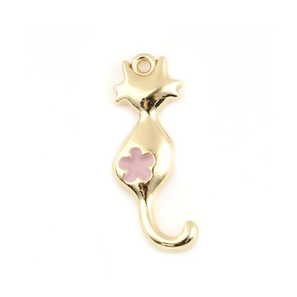 Pendentifs Chat 25x10 mm – Métal Doré & Résine Émaillée Rose