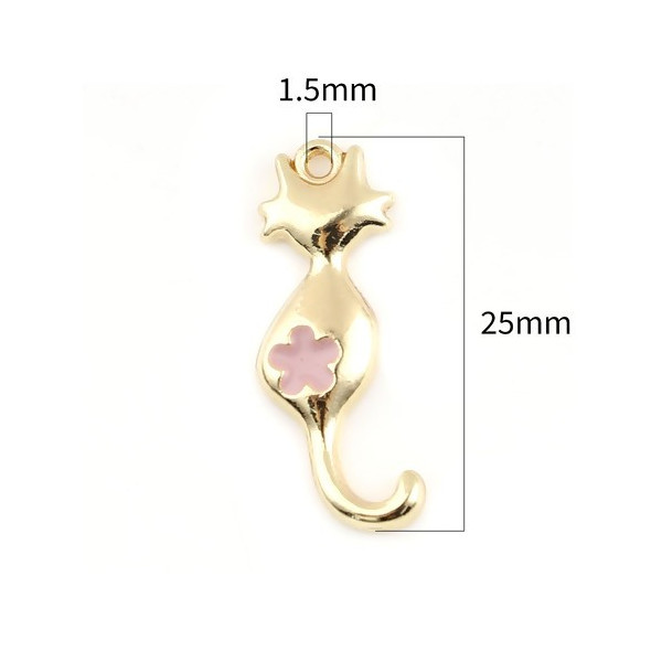 Pendentifs Chat 25x10 mm – Métal Doré & Résine Émaillée Rose