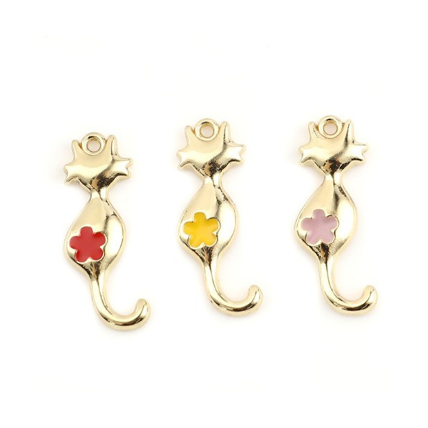 Pendentifs Chat 25x10 mm – Métal Doré & Résine Émaillée Rose