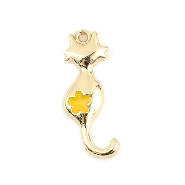 Pendentifs Chat 25 par 10mm métal doré emaillé Jaune