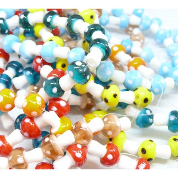 HQ001 Lot de  10 perles de verre fait main Champignon 16 par 12mm rmulticolore