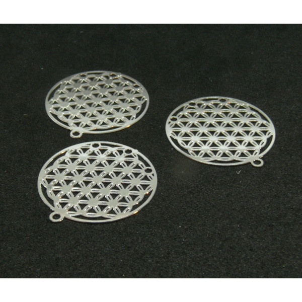 KJ118004  Lot de 4 Estampes pendentif filigrane Cercle 20mm coloris Argent Vif