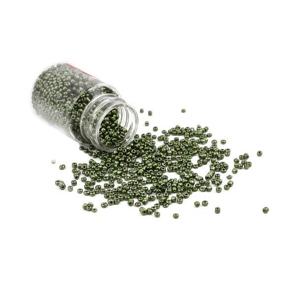 Flacon d'environ 2000 Perles de rocaille en verre Vert Kaki  Métallisé2mm 30gr.