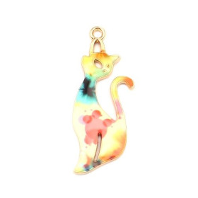 Pendentifs Chat 37mm métal doré Résine emaillé