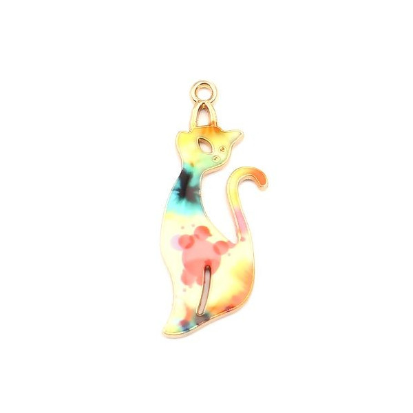 Pendentifs Chat 37mm métal doré Résine emaillé