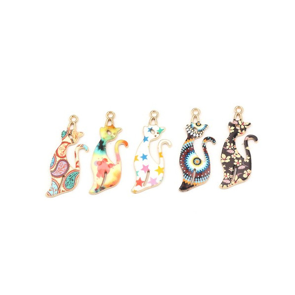 PS110258105 PAX 4 Pendentifs Chat 37mm métal doré Résine emaillé