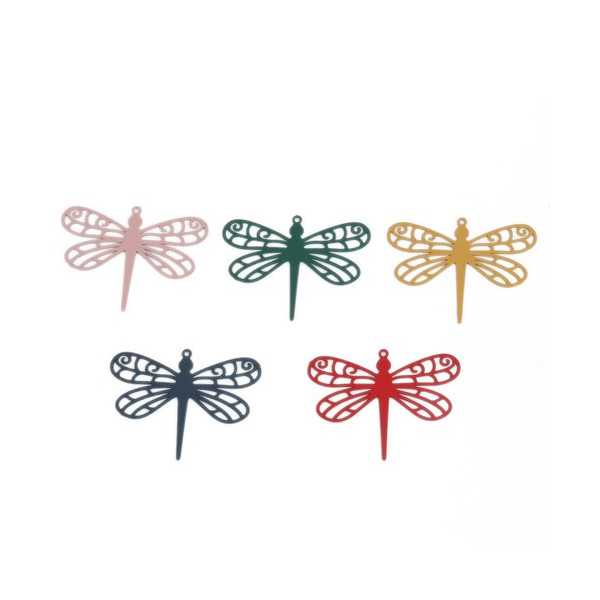 PS110216731 PAX de 5 Estampes pendentifs filigrane Libellule 35mm Vieux Rose