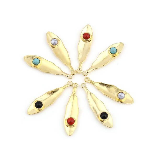 PS11711866 – Lot de 2 ou 4 Pendentifs Plume ou Feuille Bohème 39mm – Métal Doré & Perle Turquoise