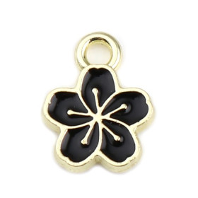 PS11712555 PAX de 10 pendentifs Fleur de Sakura 9mm style emaillé  Noir sur metal Doré 