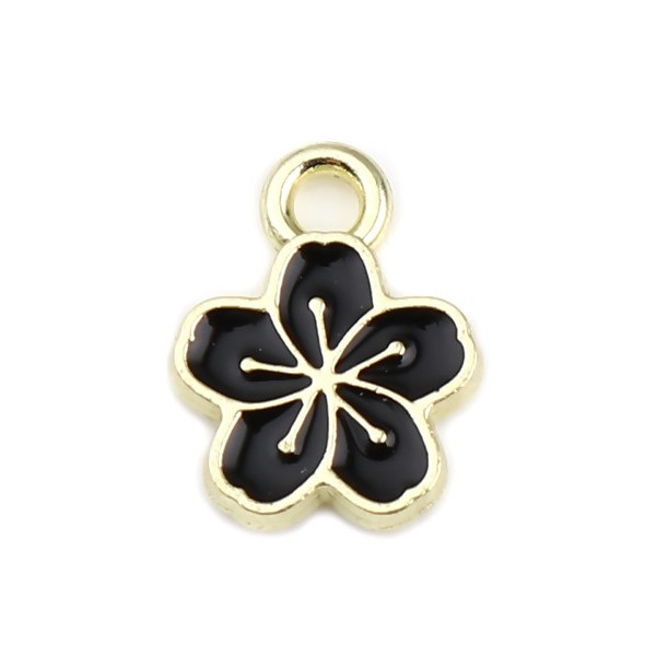PS11712555 PAX de 10 pendentifs Fleur de Sakura 9mm style emaillé  Noir sur metal Doré 