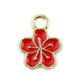 Pendentifs Fleur de Sakura 9mm style Émaillé Rouge sur Métal Doré