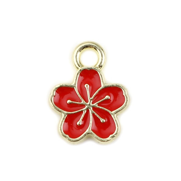 Pendentifs Fleur de Sakura 9mm style Émaillé Rouge sur Métal Doré