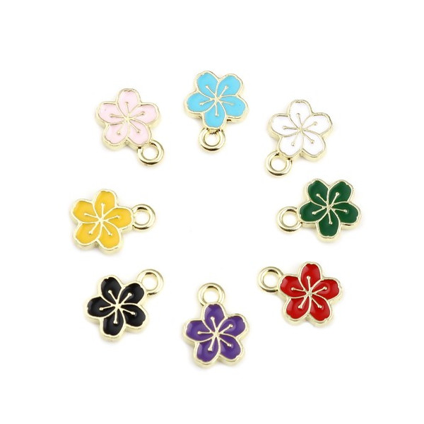 PS11712552 PAX de 10 pendentifs Fleur de Sakura 9mm style emaillé Rouge sur metal Doré 