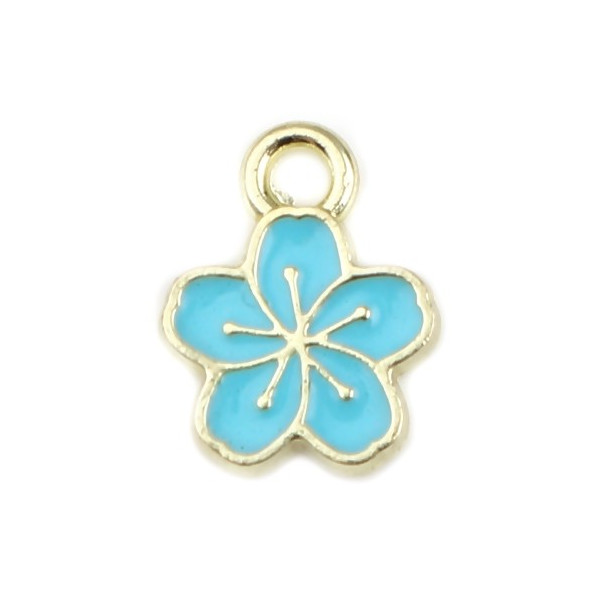 Pendentifs Fleur de Sakura Émaillé Bleu Turquoise 9mm – Métal Doré