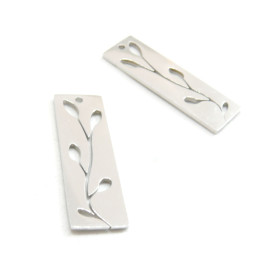 H1190JN8201 PAX 2 Pendentifs - Rectangle Tige et  Fleurs 28mm - Acier Inoxydable 201 Coloris Argent 