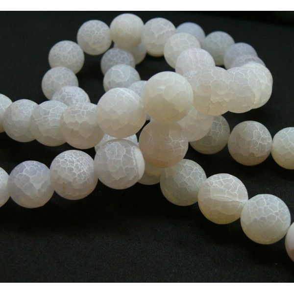 Lot de 10 perles - Rondes - Agate craquelé 14mm - EFFET GIVRE Blanc  Gris Cair