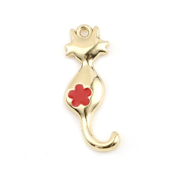 Pendentifs - Chat 25 par 10 mm - métal doré - emaillé Rouge