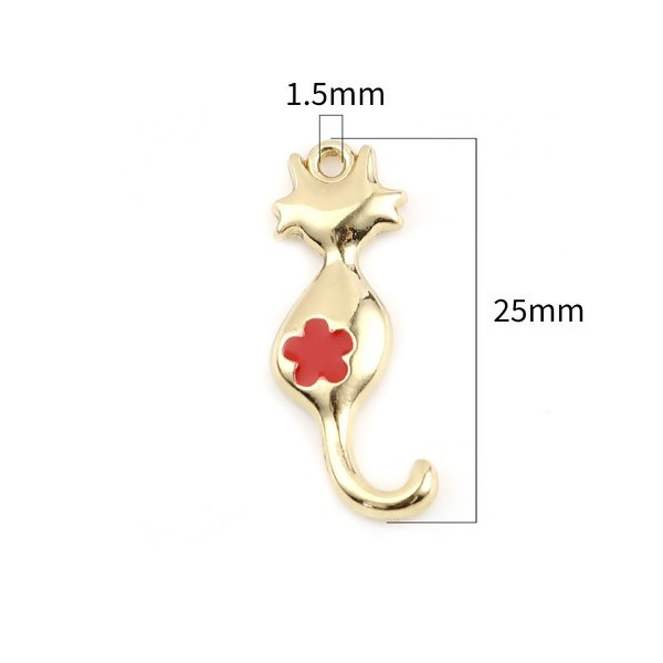 PS11699622 PAX 5 Pendentifs - Chat 25 par 10 mm - métal doré - emaillé Rouge