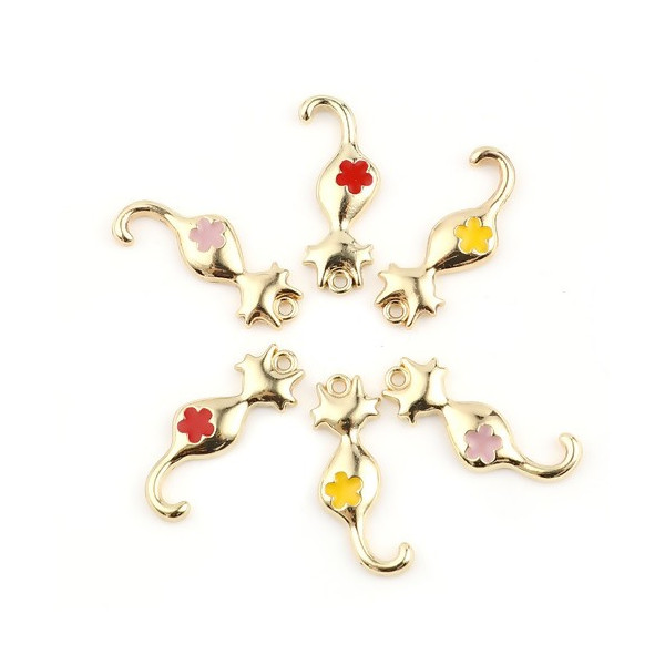 PS11699622 PAX 5 Pendentifs - Chat 25 par 10 mm - métal doré - emaillé Rouge