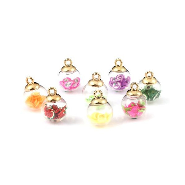 S11711745 PAX 10 Pendentifs - GLOBES BULLES EN VERRE - avec fruits en Pâte Polymère - 16 mm socle Doré