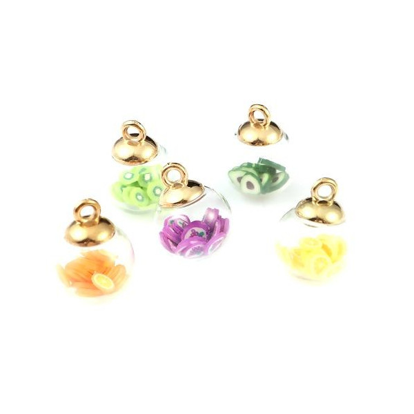 S11711745 PAX 10 Pendentifs - GLOBES BULLES EN VERRE - avec fruits en Pâte Polymère - 16 mm socle Doré