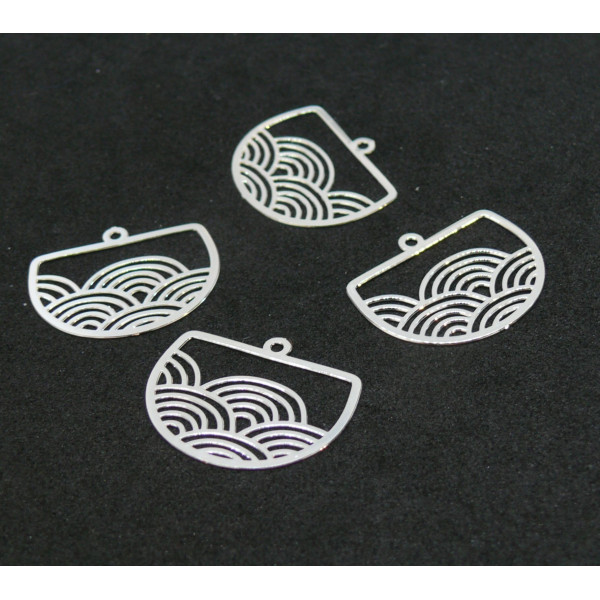 Estampes pendentif filigrane Geométrique Vague Japonisant  22 par 18mm métal coloirs Argent Vif