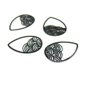 AE1112363 Lot de 4 Estampes - pendentif filigrane Goutte - Vague - Japonisant  20 par 15mm - coloris Noir