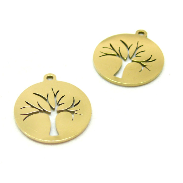 BU11191018164902 PAX 1 Pendentif - Arbre dans Médaillon 17.5mm  - en Acier Inoxydable 304 - coloris Doré