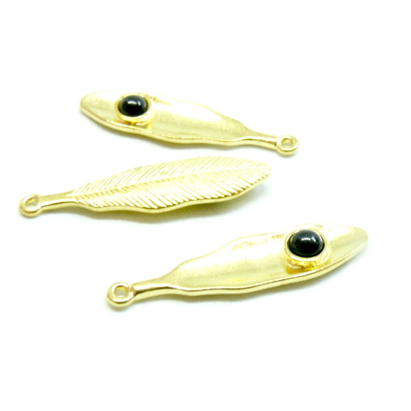 PS11711867 – Lot de 2 ou 4 pendentifs Plume Feuille Bohème 39mm – Métal doré perle noire